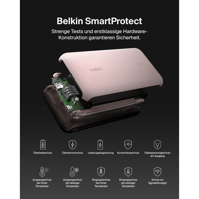 Повербанк Belkin Portable Powerbank 20000 mAh з вбудованим кабелем USB-C, швидка зарядка PD 30W для iPhone 16, iPad Pro, Samsung Galaxy S25, рожевий