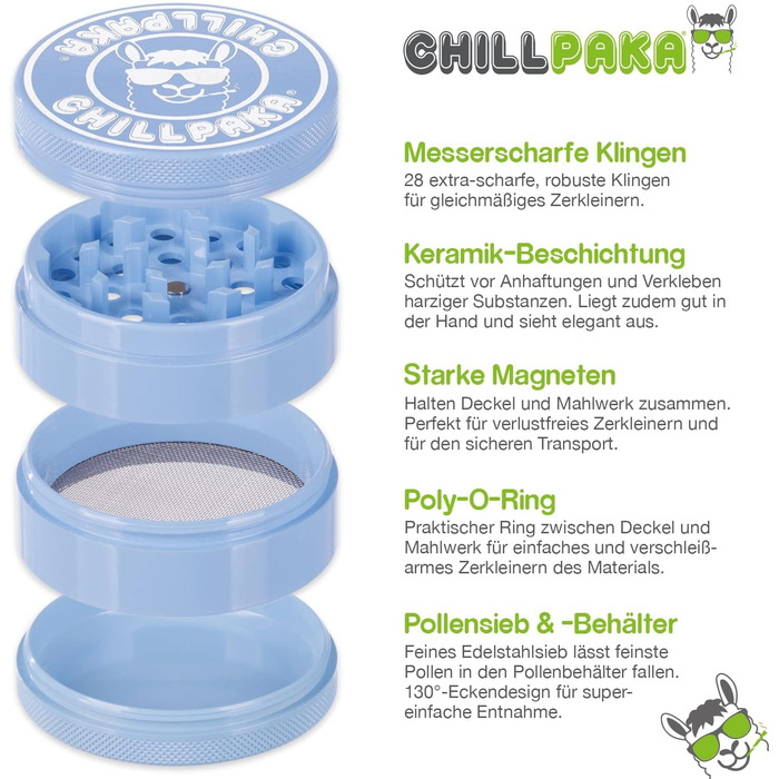 Керамічна млинка для трав CHILLPAKA Premium 63 мм, синя, з антипригарним покриттям, скребком і щіточкою