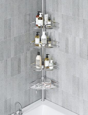 USHOWER Кутова шторка для душу з регульованою штангою, 4-ярусна, з органайзером для шампуню та мила, нержавіюча сталь, 130-307 см, срібляста
