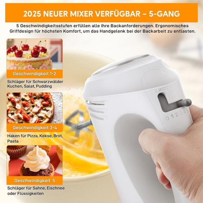 Міксер ручний 350 Вт, 5 швидкостей, з нержавіючої сталі (змішувач та гак для тіста), ергономічна ручка, довгий кабель, BPA-free – білий KS1 S1 білий
