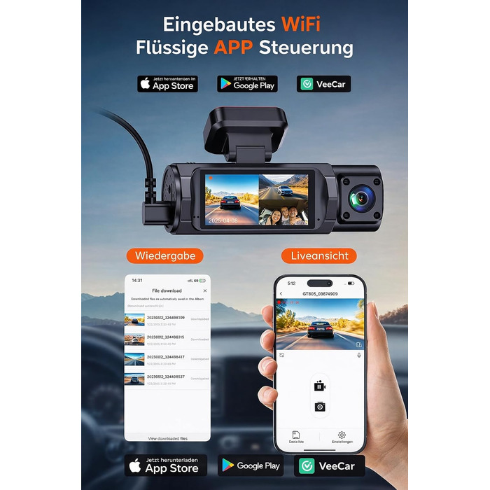 Відеореєстратор E-YEEGER 3-канальний 4K + 1080P + 1080P з Wi-Fi, 32GB карта, нічна зйомка, G-сенсор, паркування - чорний