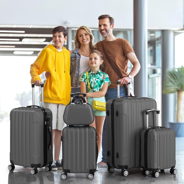 Набір валіз LALAHO 5 шт. з косметичкою, з ABS-пластику, для подорожей, ручна поклажа, багажний набір з косметичкою, бургунді, в смужку (темно-сірий)