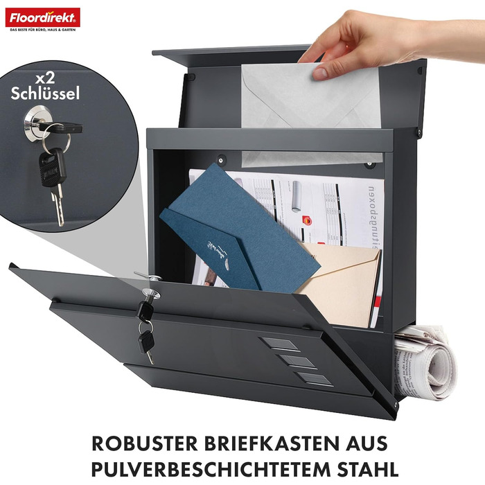 Поштовий ящик Floordirekt Jean Anthrazit з газетницею, кришкою та замком, антрацит