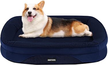 Ортопедичне ліжко для собак HMTOPE, собаче ліжко-софа з валиком для шиї, неслизьке дно, знімне та пральне, для маленьких та середніх собак, 90 x 71 x 15 см, темно-синій