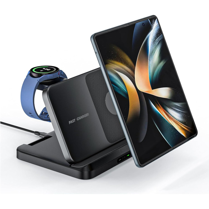 Бездротова зарядка 3-в-1 для Samsung Galaxy: S25/S24/S23/S22, Z Flip 6/5, Z Fold 6/5, Buds3 Pro/Buds3, Watch7/Watch Ultra/Watch6 (Чорний)