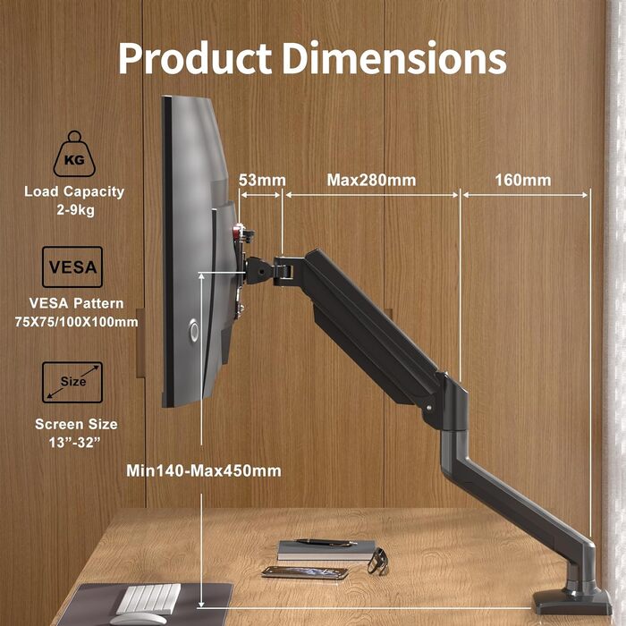 Кріплення для монітора Suptek MD01A: підходить для моніторів 13-32 дюймів, до 9 кг, газ-амортизатор, 360° оберт, регулювання висоти, нахил, VESA 75x75/100x100 мм, чорний
