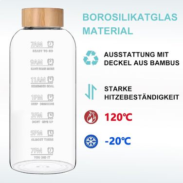 RNCKUUE 2 Liter Glass Bottle, 2l Glass Drinking Bottle, Glass Water Bottle with Filter, Neoprene Sleeve, Bottle Brush (1500 ml, Bamboo Lid)