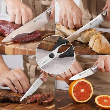 Набір ножів у блоці 13 предметів з нержавіючої сталі з ергономічними ручками, набір кухонних ножів для кухні, дерев'яний блок з шкіряним ремінцем (чорний та срібний)