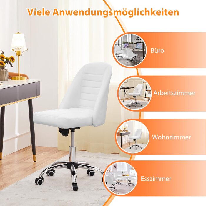 Офісне крісло Yaheetech без підлокітників, обертове, на колесах, регульоване по висоті, для роботи та макіяжу (білий, штучна шкіра)