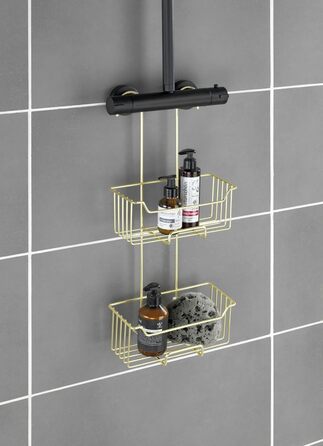 WENKO Thermostat Shower Caddy Model Milo, 2 Tiers, Shower Shelf for Hanging on the Faucet, Stainless Steel (Rustproof) Shelf, 25 x 55 x 14 cm, Gold