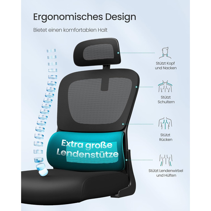 Офісне крісло SONGMICS з адаптивною поперековою підтримкою та регульованою підголівником, сітчасте, чорне (OBN041B01)