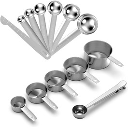 Набір мірних чашок та ложок з нержавіючої сталі FERRGIA (13 шт.) з лінійкою та ложками для кави – точний кухонний інструмент для випічки, приготування їжі, рідин та сухих інгредієнтів. Набір мірних чашок з нержавіючої сталі