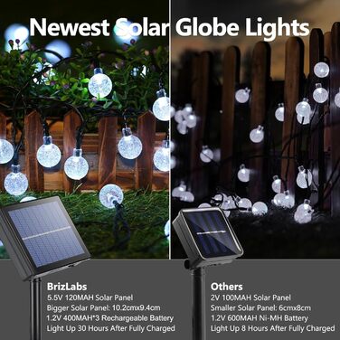 Сонячна гірлянда BrizLabs для саду та дому, 22м, 100 LED, кришталеві кулі, 8 режимів, вологостійка, для тераси, тору, свят, весілля, партії, внутрішнього та зовнішнього використання, холодне біле світло