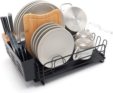 Premium Dish Drying Rack – Drying Rack for Plates with Cutlery Holder and Catch Basin – Black Powder-Coated Steel