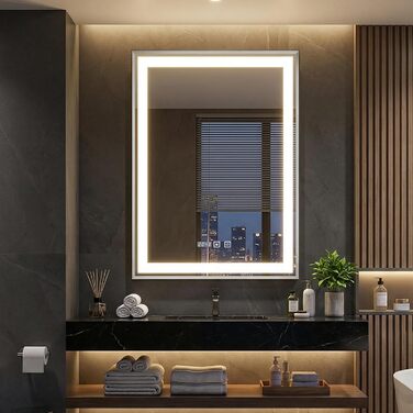 Дзеркало YOURLITE з підсвічуванням 70x50 см, LED дзеркало для ванної кімнати з годинником, сенсорне керування, 3 кольори світла, регулювання яскравості, антизапарник, пам'ять, срібний