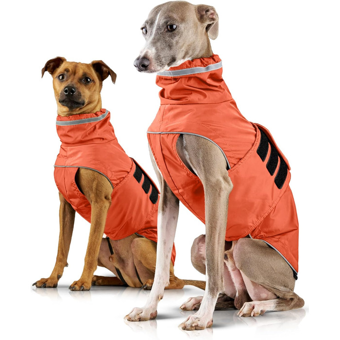 ZAUBERPFOTE® Dog Raincoat London | With extra-long YKK® zipper for collar & harness | For small, medium & large dogs | Waterproof & machine washable | Dog raincoat (Orange, 45)