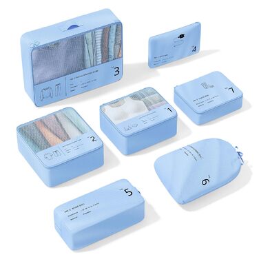 Організатор для валізи Yomisee, набір з 7 частин: Packwürfel Set, сумки для одягу в подорож, органайзер для валізи (блакитний)