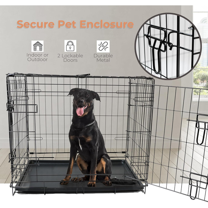 Клітка для собак DIVCHI з піддоном - міцна, складана клітка з двома дверцятами | Легко миється, знімний піддон, підходить для котів | Чорна (122x76x81cm)