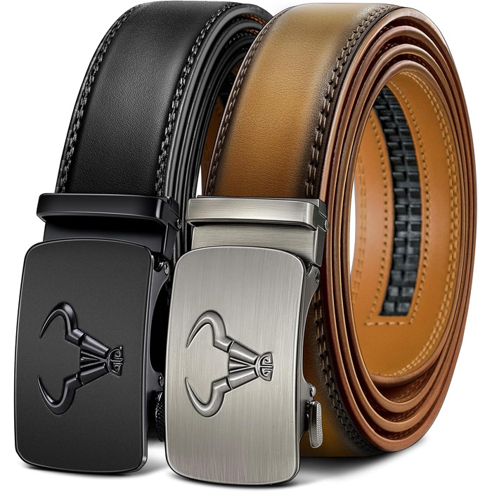 Чоловічий шкіряний ремінь BULLIANT 2 шт. з автоматичною застібкою-ратом, ширина 35 мм, регульований, з подарунковою коробкою (115 см/32'-38' та 105 см/28'-34' розміри, чорний/Tawny7975)