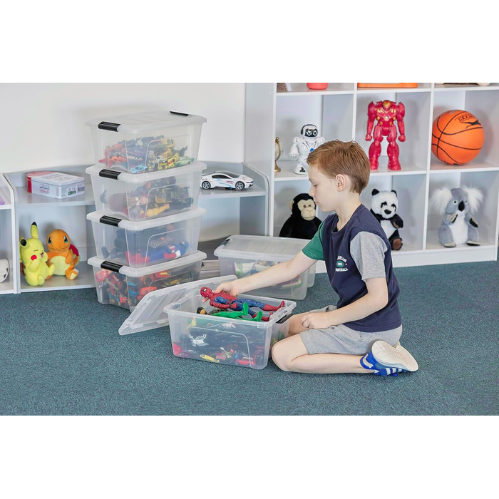 Iris Ohyama Storage Boxes with Lids, 60L, 4-Piece Set, Silver, Secure Closure, Stackable, Handles, for Bedroom, Closet, Office, Organization, BPA-Free Plastic, Storage Boxes, NTB-60 (Black, 15L/3-Piece Set)