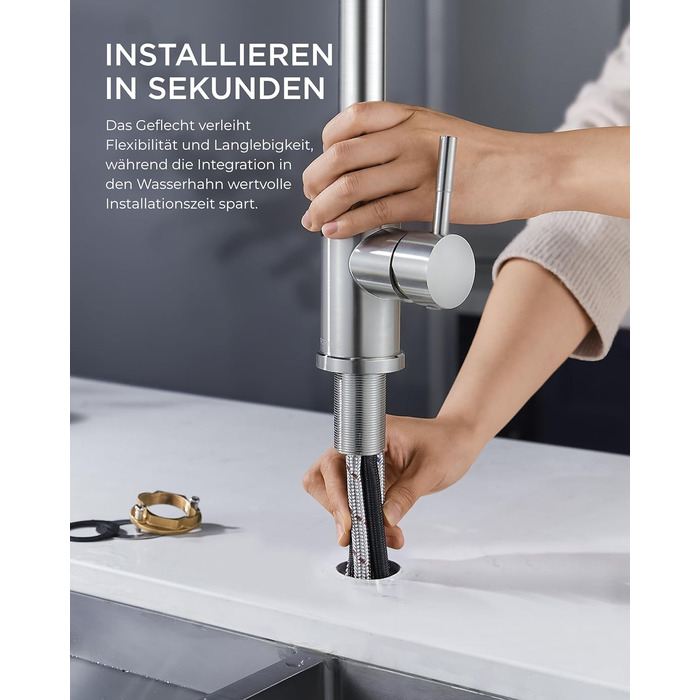 Змішувач для кухні FORIOUS з висувною лійкою, 360° обертання, 2 режими, нержавіюча сталь