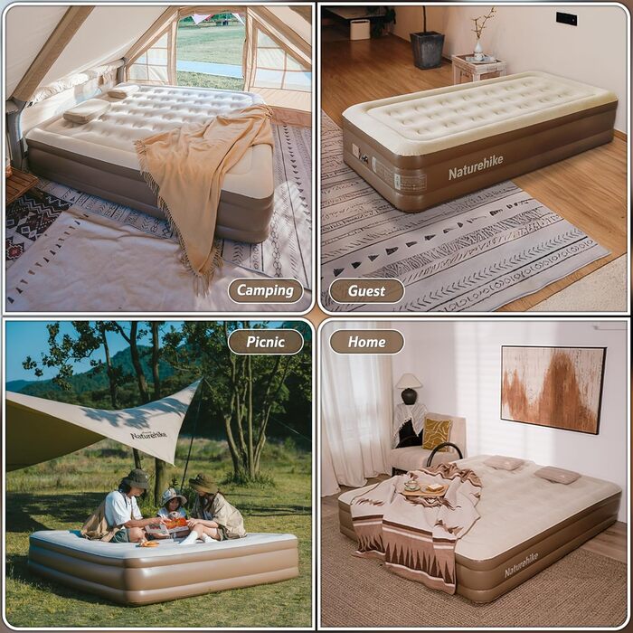 Надувний килимок Naturehike для кемпінгу та дому (190x100x45 см) з акумуляторним насосом - самонадувний, легкий, зручний, для 1-2 осіб (колір: коричневий)
