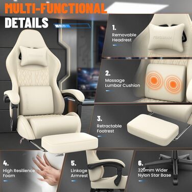 Ергономічне ігрове крісло Gaming Chair з підніжкою, регульованим нахилом спинки (90–135°), поперековою та підголівником, біле