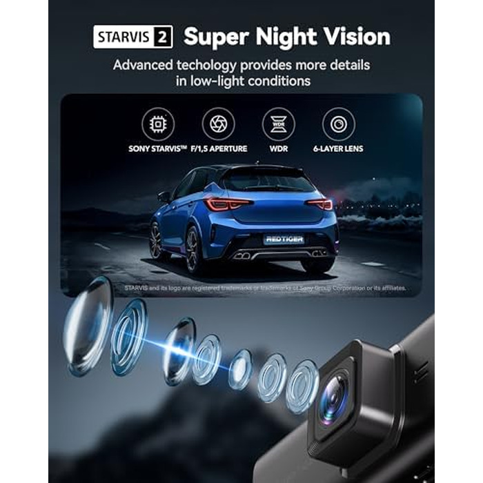 Автомобільний відеореєстратор REDTIGER 4K STARVIS 2 з передньою та задньою камерами, CPL-фільтром, 3.18
