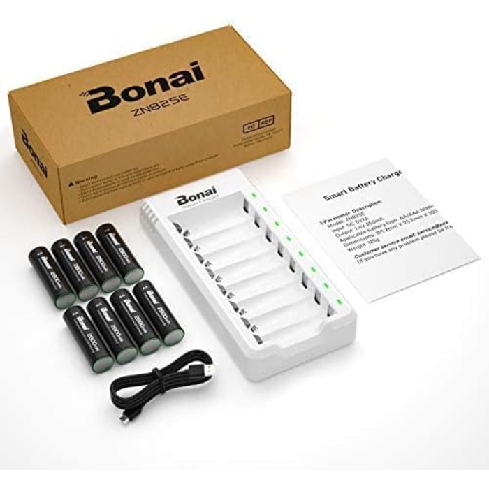 Зарядний пристрій BONAI для акумуляторів AA/AAA NI-MH з LED-дисплеєм та USB-зарядкою, 8 слотів