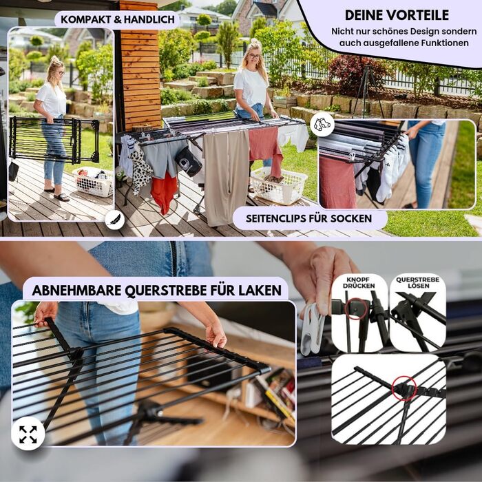 MONDHEIM® Сушарка для білизни XXL, 26 м довжини, чорна, знімний поперечина, для балкону/тераси