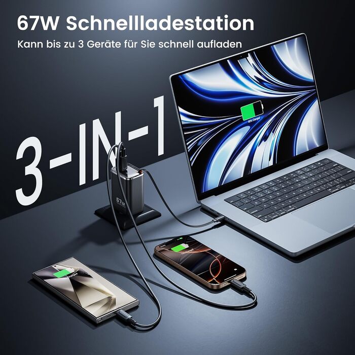 Зарядний пристрій USB-C toocki GaN 67W з LED дисплеєм та вбудованим кабелем для MacBook, iPhone 17 Pro Max, Samsung Galaxy S24 Ultra/S23, Nintendo Switch, ноутбуків та смартфонів - Чорний