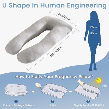 Подушка для вагітних SHANNA U-подібної форми, подушка для сну на боці, подушка для годування, з м'якою обтягуючою тканиною Minky Dot, велика подушка для сну, комфортна подушка для дорослих, подушка для тіла (бавовна, в'язана світло-сіра, U-подібна форма -