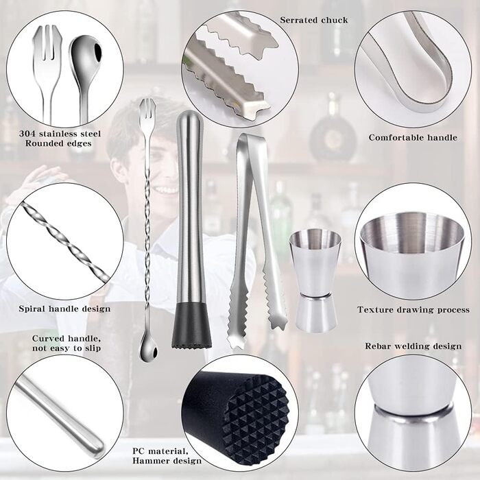 Набір для коктейлів з нержавіючої сталі, 5 предметів: міксер, шейкер, мірний стакан, прес для фруктів, подарунковий