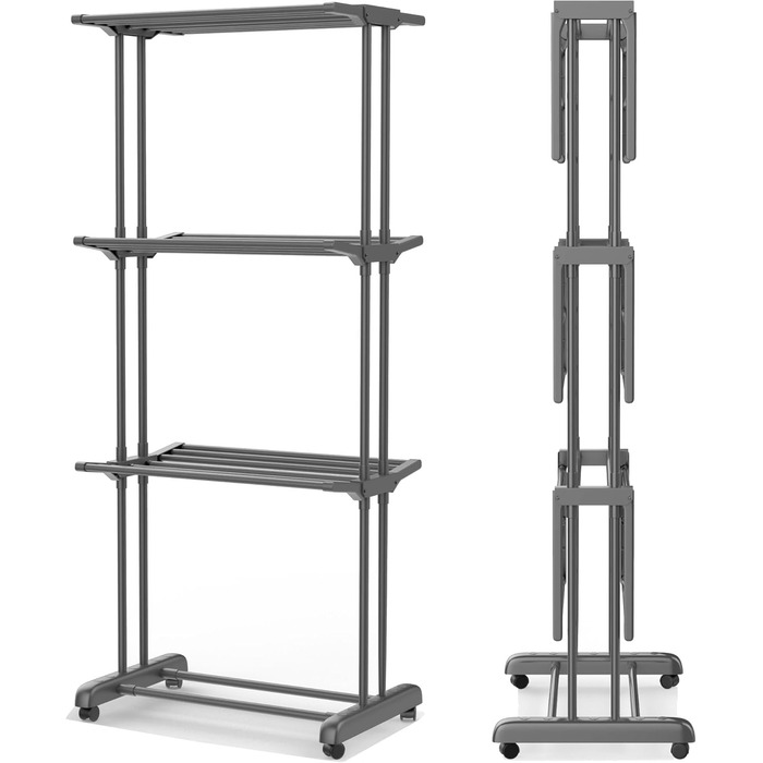 Воніа - багаторівнева сушилка для білизни на колесах, білий металевий стійка, 3 яруси, 6 відкидних крил, 72 x 50 x 172 см, економна, мобільна та стабільна для внутрішнього та зовнішнього використання