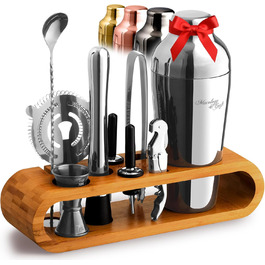 Набір для приготування коктейлів Mixology & Craft Cocktail Set (10 предметів) - Набір шейкерів та барного аксесуару з нержавіючої сталі з підставкою з бамбука. Декоративний подарунковий набір, сріблястий.