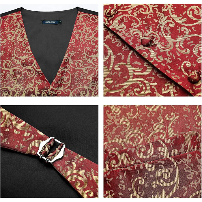 Костюм чоловічий HISDERN: жилет, краватка, кишеньковий хустинка з візерунком павазочок, бургунді XXL