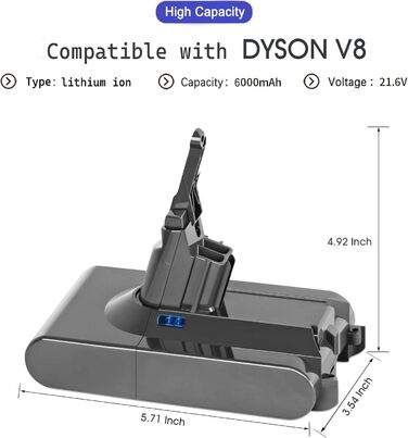 Замінний акумулятор Dyson 6000mAh для пилососів DC58, DC62, DC59, DC61, DC72, DC74, SV03, SV05, SV06, SV07, SV09 (6.0 Ah, V8)