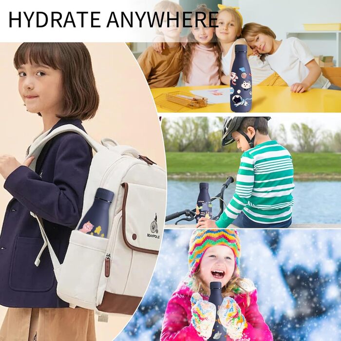 Термос Vikaster 500 мл, термофляга з нержавіючої сталі, без BPA, не протікає, багаторазовий. Ідеально для велосипеда, кемпінгу, йоги, спортзалу, фітнесу, школи, подорожей, активного відпочинку. (350 мл, Темно-синій, Динозавр)