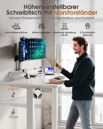 Adjustable Height Standing Desk with Monitor Stand - 120x60cm & 180x80cm White