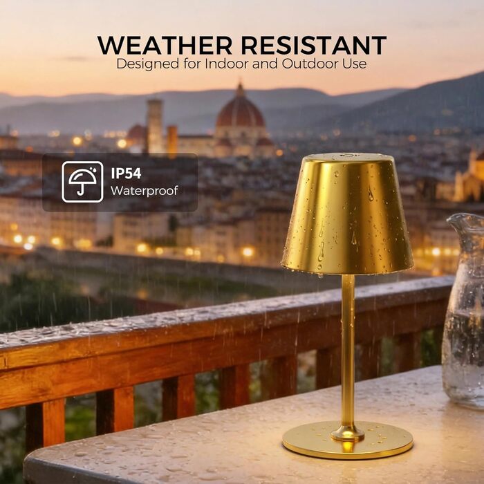 Світлодіодний настільний світильник бездротовий з димером, акумуляторний нічник сенсорний, для дому та вулиці, 3 режими світла, IP54 водонепроникний, металевий корпус (Золотий, 1 шт)