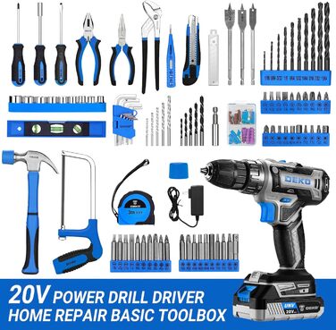 Набір інструментів DEKO 186 шт. з акумуляторною дрилем-шуруповертом 20V (блакитний) для дому та дрібного ремонту