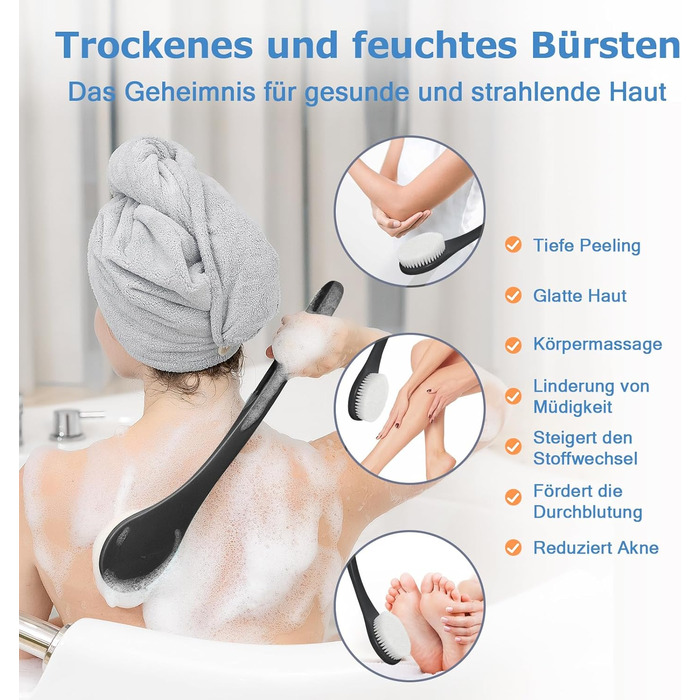 Масажна щітка для тіла з довгим руків'ям - чорна (PE) для пілінгу та масажу