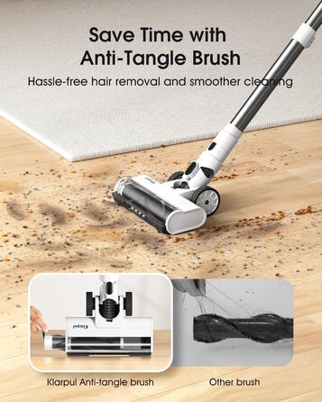 Бездротовий пилосос Klarpul 4800Pa з LED-дисплеєм та антизаплутувальною насадкою, 65 хвилин роботи, швидка зарядка 2 години, для твердих поверхонь та килимів, срібний
