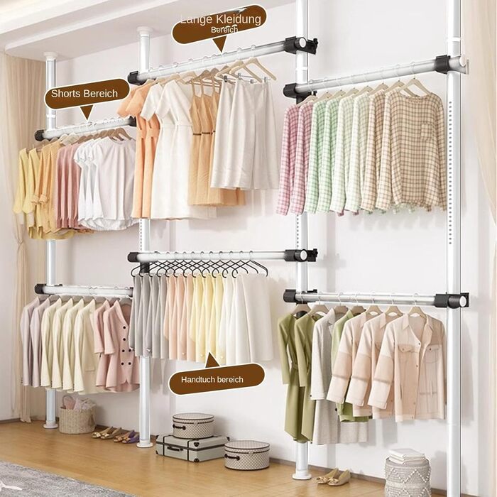Телескопічна система для гардеробу, штанга для одягу зі 6 штангами, телескопічна шафа для одягу з 2 гачками, регульована полиця 110-300 см, для дому та магазину одягу, білий