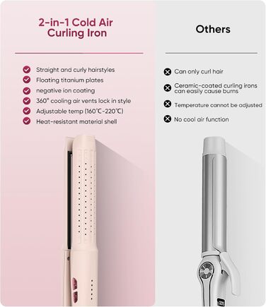 Випрямляч та плойка 2-в-1 з охолодженням Air Glatt, негативне іонізація, 4 температурні режими, рожевий