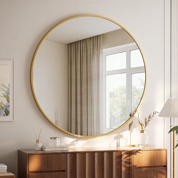 BEAUTYPEAK Дзеркало кругле 60 см з декоративним алюмінієвим каркасом, безпечне для ванної кімнати, для спальні, вітальні (106x106 см, золото)