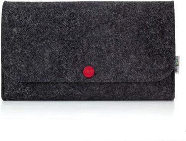 Wool felt bag for electronics accessories, anthracite color, red button