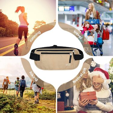 RFID-захисний пояс-сумка для чоловіків та жінок, для подорожей та бігу, чорний/бежевий, ширина пояса: 3.7 см