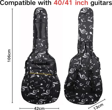 Водонепроникний кейс для гітари SUQ Oxford, 40/41 дюймів, з принтом музичних нот, нейлон, Gigbag, для електро-, акустичної та концертної гітари, ударостійкий, 8 мм підкладка, водонепроникний (чорний)