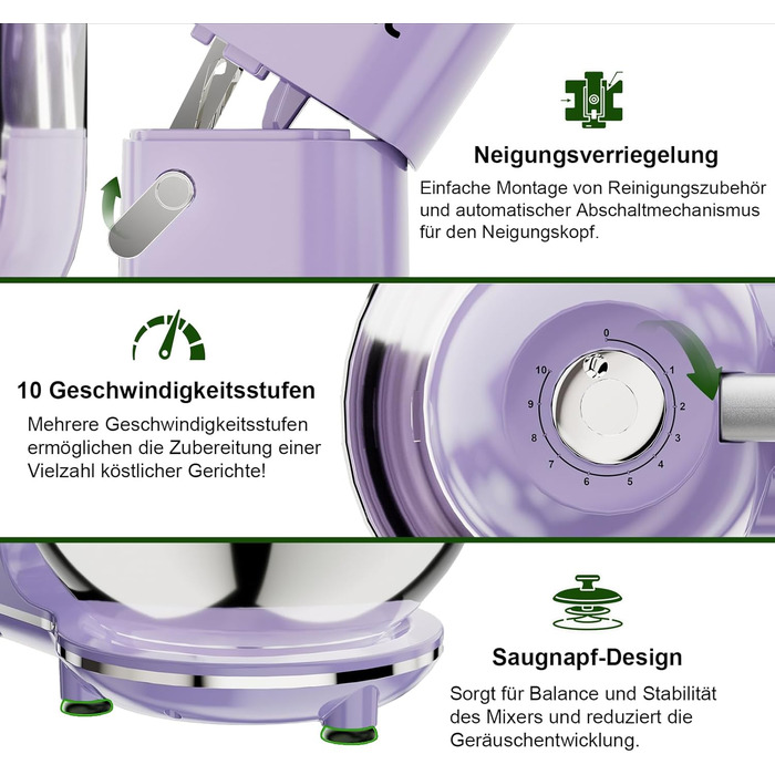 Кухонна машина Camic 2000W: планетарний міксер з чашею з нержавіючої сталі 7л, 10 швидкостями, набором насадок та захистом від бризок, світло-фіолетова